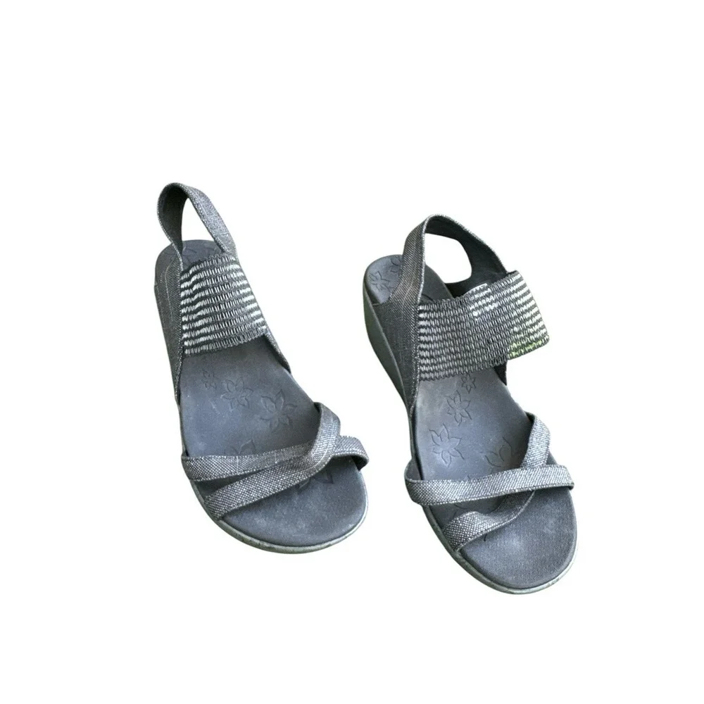 Skechers Beverlee High Tea Wedge‎ Sandals Womens Size 9 Wide Black Slip On Shoes